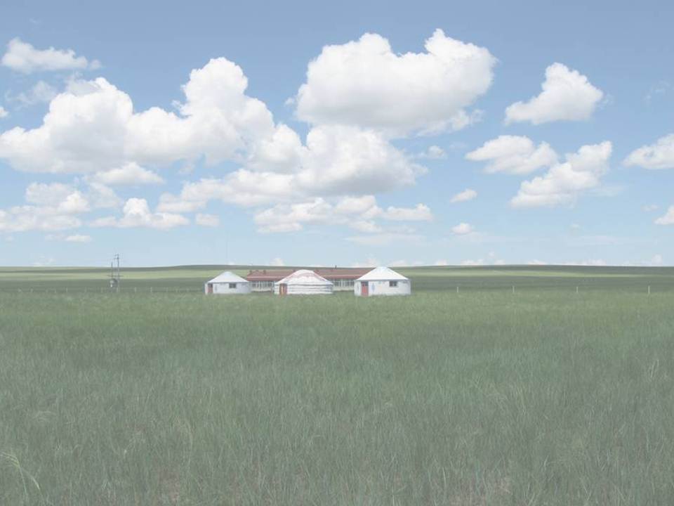 Picture of 3 yurts on grassy plain in Inner Mongolia