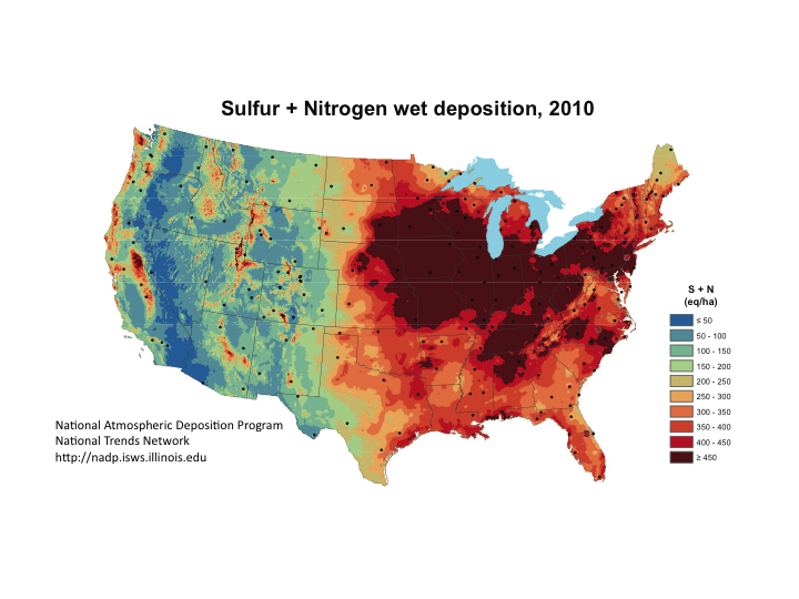 Map of Sulfur and Nitrogen wet deposition, 2010