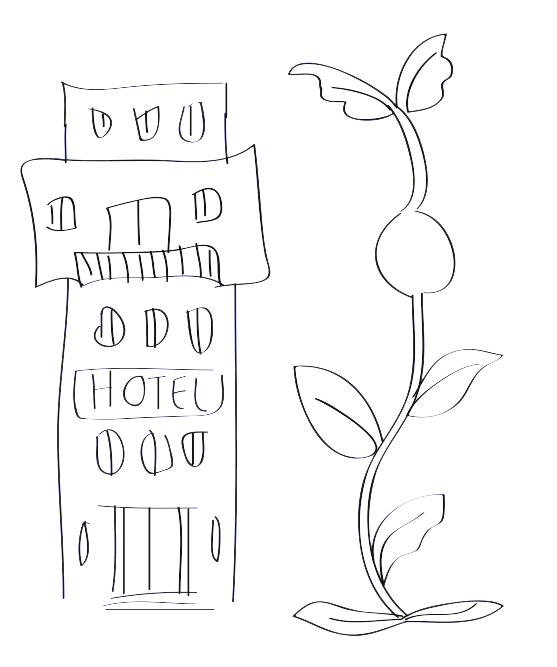 Cartoon of plant next to hotel