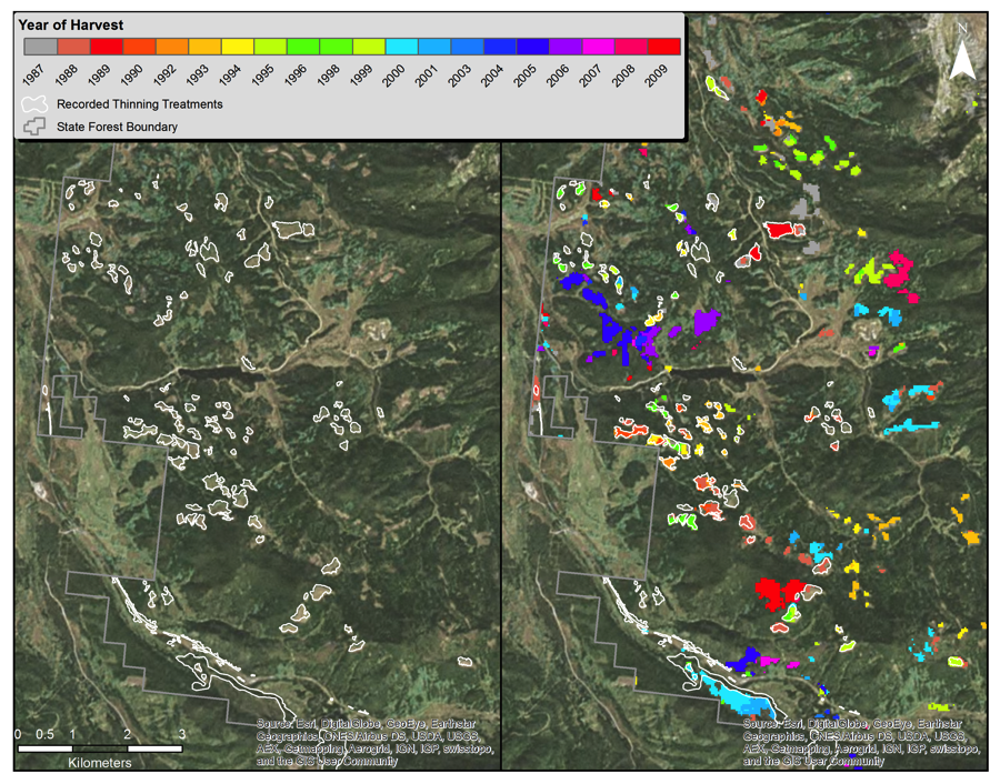 Map of LandTrendr model to delineate the location and age of forest harvests occurring in northern Colorado and southern Wyoming