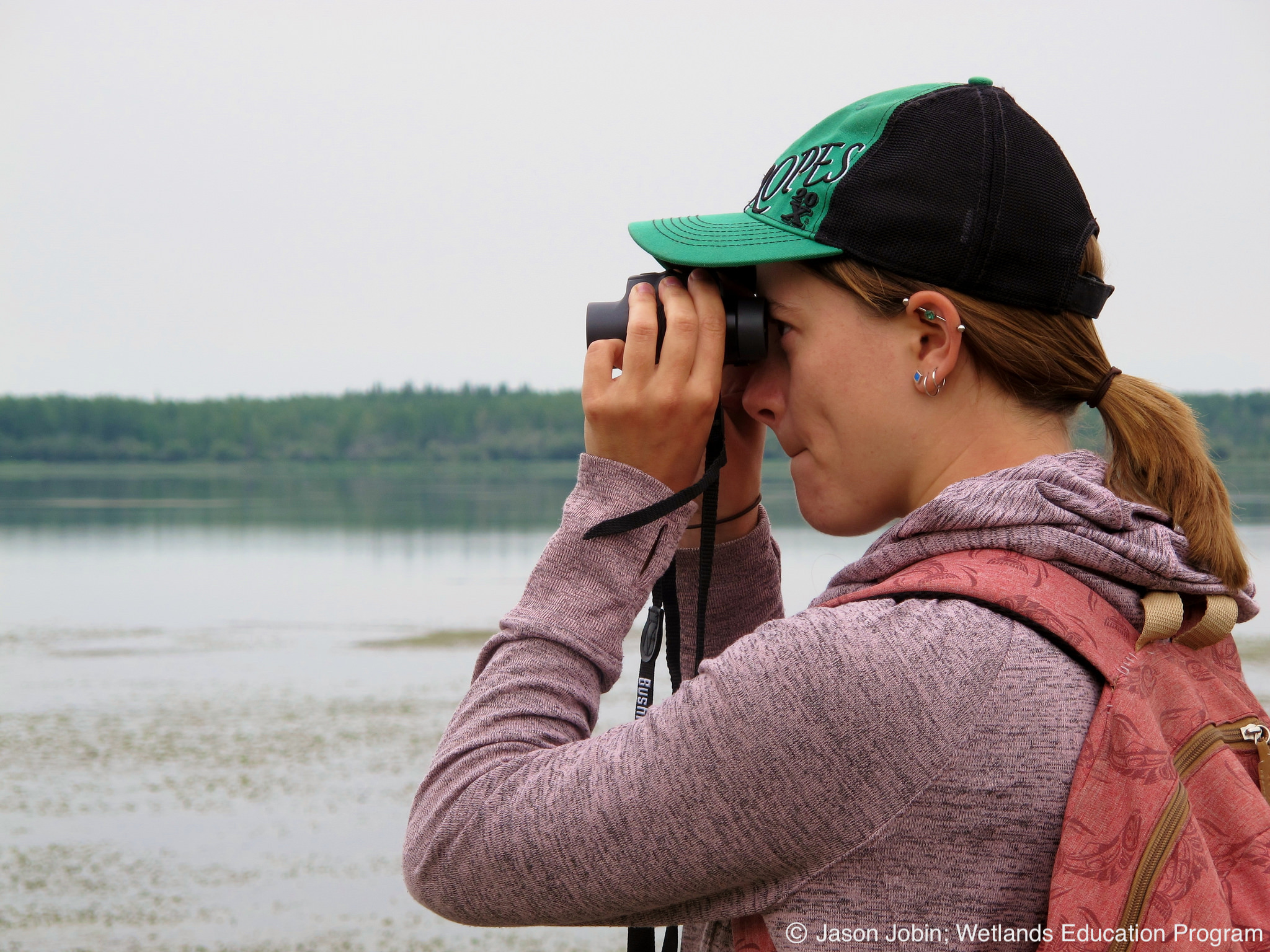 Person watching birds through binoculars