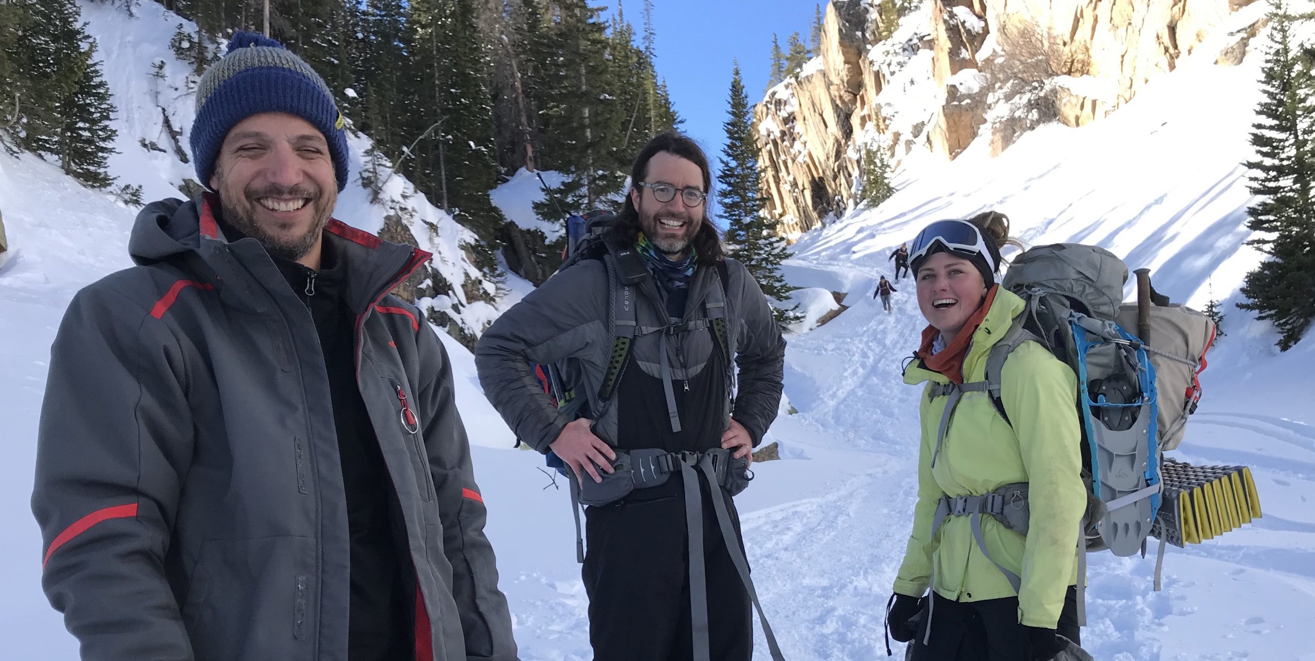 Aaron Millar, Loch Vale Watershed manager Tim Weinmann, and graduate student Caitlin Charlton on the hike up to the Loch, the subalpine lake in the watershed.