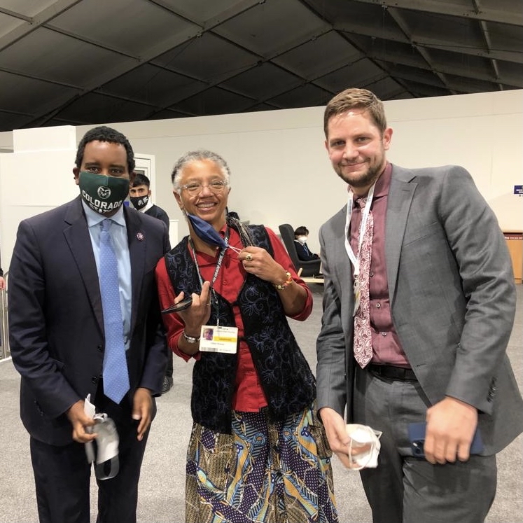 Colorado Congressman Joe Neguse with CSU Professor Gillian Bowser and 2021 CSU graduate Cody Sanford at COP26 in Glasgow. 